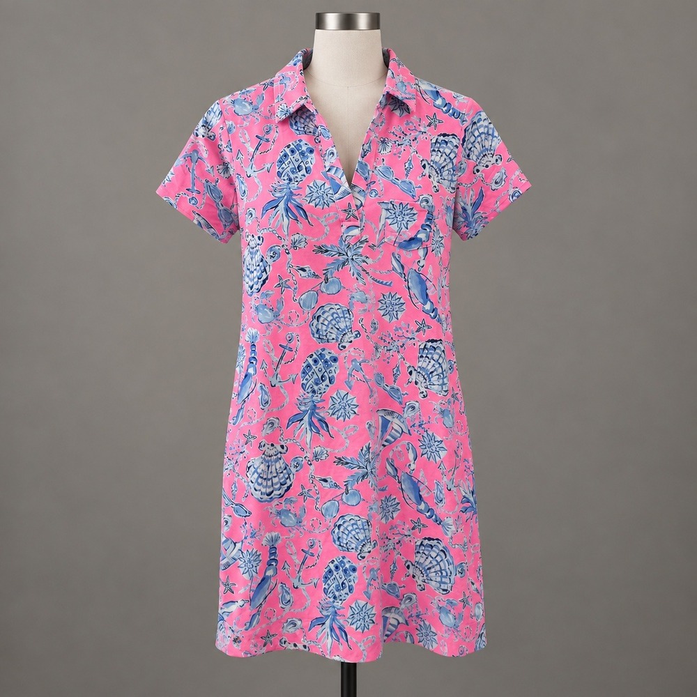 Lilly Pulitzer Dress Womens S Pink Blue Nautical Downtime Jersey Polo Shift 36"
